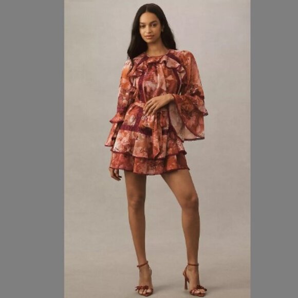 NWT BHLDN Camila Long Sleeve Chiffon Mini Dress Pink Medium - Picture 1 of 16